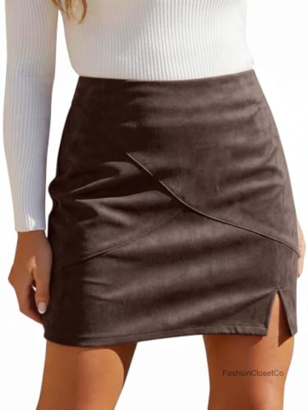 Women's High Waisted Faux Suede Pencil Mini Skirt with Side Slit Fall